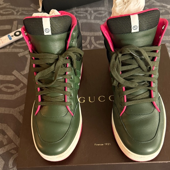 Gucci Other - Gucci Dark Green High-Top Sneakers with Pink Trim. Gucci size 9 is a USA size 10
